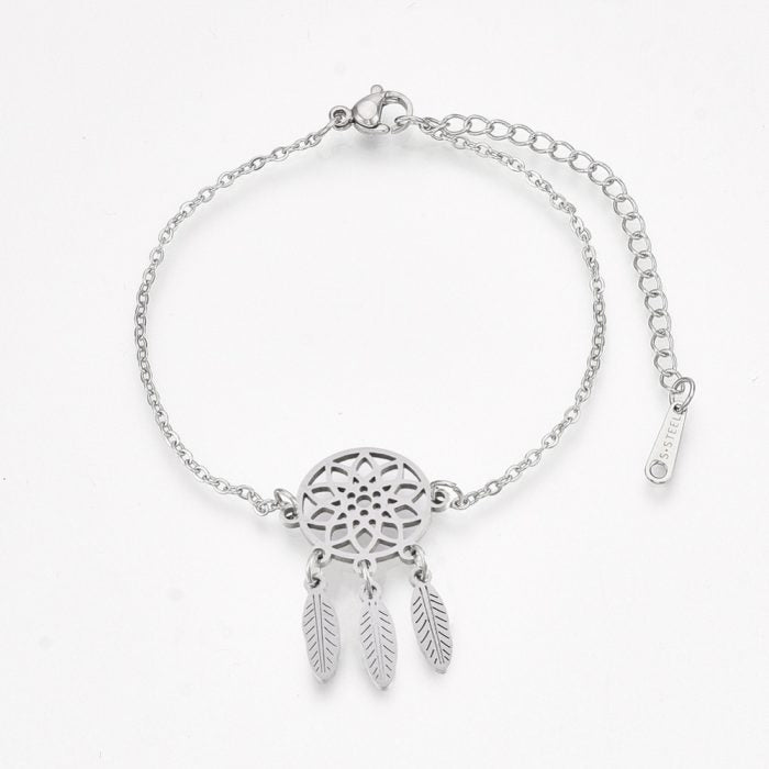 Dream Catcher Stainless Steel Bracelet with Dangle Feather Decor