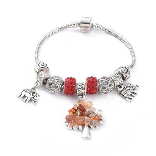 Natural Stone Tree of Life Charm Bracelet with Diamante Beads